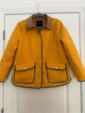 Talbots Quilted Mustard Jacket with blue trim and tan corduroy collar.